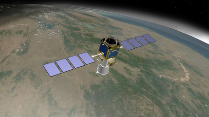 Satellite Calipso in orbita intorno alla terra, 3D rendering, illustrazione © robynt