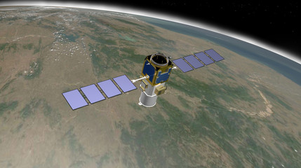 Satellite Calipso in orbita intorno alla terra, 3D rendering, illustrazione