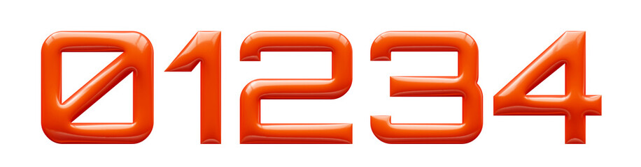3d alphabet, numbers 0 1 2 3 4, orange plastic effect