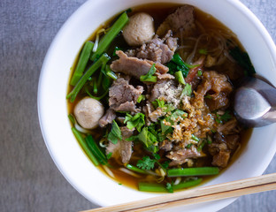 Noodles with beef and beef balls with soup Thai style
