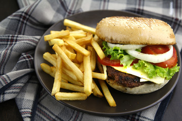 Hamburger and french fries
