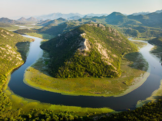 Aerial view over Rijeka Crnojevi?a from the Pavlova Strana viewpoint, Lake Skadar, Montenegro