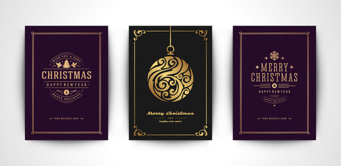 Naklejka premium Christmas greeting cards set and ornate typographic winter holidays text vector illustration.