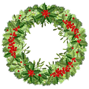 Christmas wreath with mistletoe, fir and holly branches, vector illustration on white background.