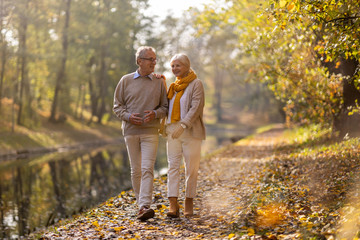 Happy senior couple in autumn park