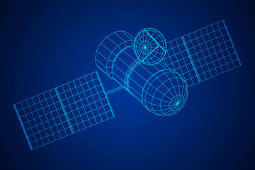 Space station communications satellite. Wireframe low poly mesh vector illustration.