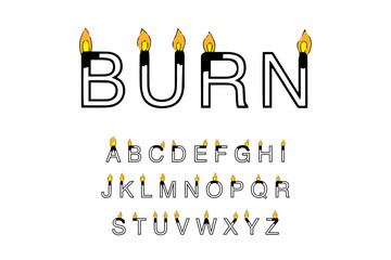 Burn hand drawn vector type font in cartoon comic style fire on match