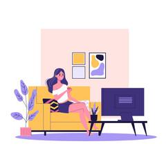 Fototapeta Happy woman sitting on the sofa and watch TV show. Comfortable couch obraz