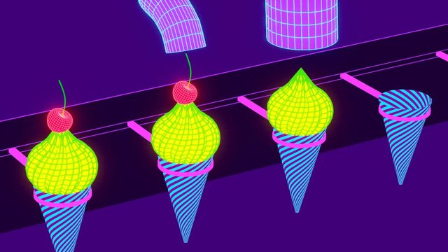 Machine for making ice-cream with waffle cones and red cherries looped animation in neon cartoon style