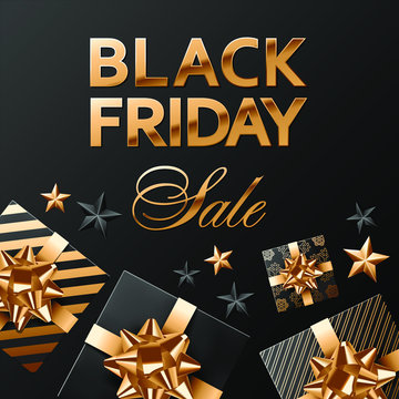 Black friday sale square vector composition on black background for banner or social network post. Golden lettering and gold and black stars. Gifts covered with plain black, gold black striped and bla
