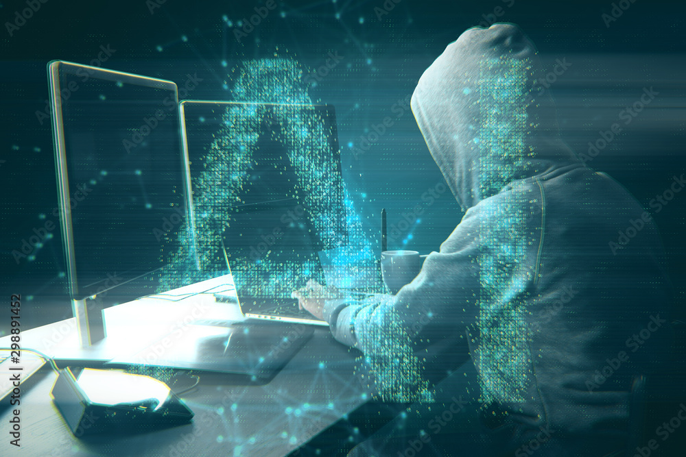 Poster hacker with ai hologram