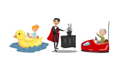 Magician and different rides. Vector illustration on a white background.