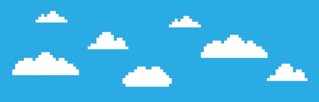Pixel video game cloud background. 8-bit concept. Vector illustration in retro game style.