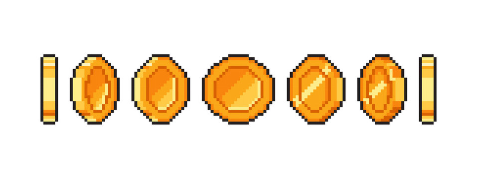 Pixel gold coin animation for 16 bit retro game. Vector golden pixelated coins isolated. Illustration of money 8 bit.	