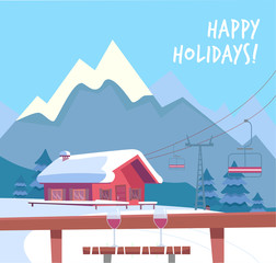 View from the ski cafe at a table with glasses of red wine. Ski resort with lift, cable-cars, house and winter mountains landscape. Flat cartoon style illustration.