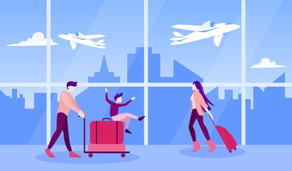 Fototapeta premium Vector illustration of tourist with laggage and handbag.