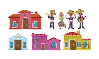 Obraz na płótnie Canvas Traditional mexican buildings with wooden doors. Vector illustration.