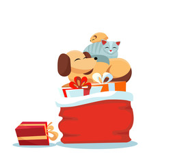 Red Santa Claus bag with christmas presents on white background with cat sleeps on dog, hamster sleeps on cat. Multicolored gift boxes are decorated with bows. Flat cartoon style illustration.