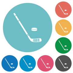 Hockey stick and puck flat round icons