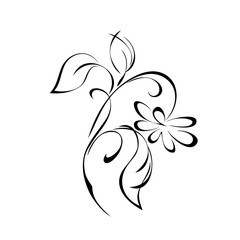 one decorative blossoming flower on a curved stalk with leaves in black lines on a white background