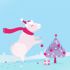 Christmas pig in Santa Claus hat and sharf decorates Christmas tree with balls. Gentle pink and blue colors. Flat cartoon style illustration with textures and gradients
