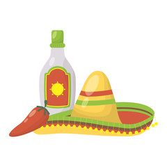 traditional mexican hat with tequila bottle and chili pepper