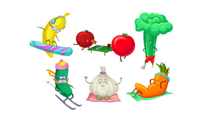 Obraz na płótnie Canvas Humanized vegetables and fruits go in for sports. Vector illustration on a white background.