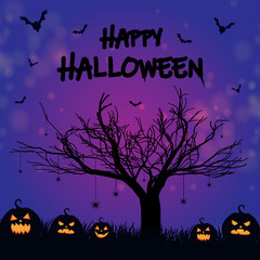 Halloween night purple background with pumpkin and calligraphy inscription Happy Halloween.  