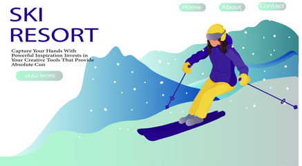 Women Skiing Website Landing Page.  Woman Skiers Winter Season Sport Activity at Mountain Resort with Snow . Recreation Lifestyle Web Page Banner. Cartoon Flat Vector Illustration