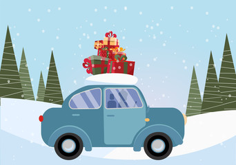 Flat cartoon illustration of retro car with present on the roof. Little classic blue car carrying gift boxes on its rack. Vehicle car side view. Snow-covered landscape with firs and snowdrift