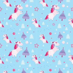 Christmas seamless pattern with unicorns, fir trees,balls, stars on blue background. Holiday template with Christmas unicorn and festive flat cartoon elements. Design for wrapping, fabric, print.
