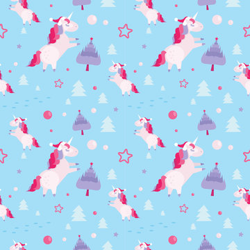 Christmas seamless pattern with unicorns, fir trees,balls, stars on blue background. Holiday template with Christmas unicorn and festive flat cartoon elements. Design for wrapping, fabric, print.