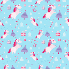 Christmas seamless pattern with unicorns, fir trees, candy cane, gift boxes on blue background. Holiday template with Xmas unicorn, festive flat cartoon elements. Design for wrapping, fabric, print.