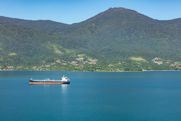 Oil tanker at the Petrobras maritime terminal of the sea near Ilhabela and Sao Sebastiao in Brazil