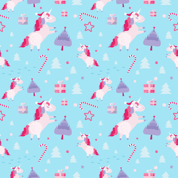 Christmas seamless pattern with unicorns, fir trees, candy cane, gift boxes on blue background. Holiday template with Xmas unicorn, festive flat cartoon elements. Design for wrapping, fabric, print.