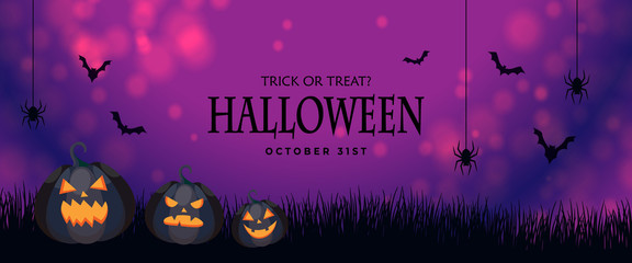 Halloween night and light purple background with pumpkin and bats and spider.Happy Halloween,trick or treat.