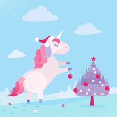 A Christmas unicorn in a Santa Claus hat decorates the Christmas tree with balls. Gentle pink and blue colors. Flat cartoon style illustration with textures and gradients