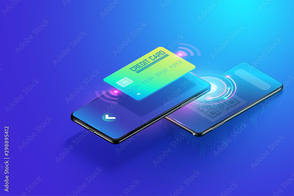 Poster isometric payment though smartphone with scan qr code concept, online receiving and online payment. 