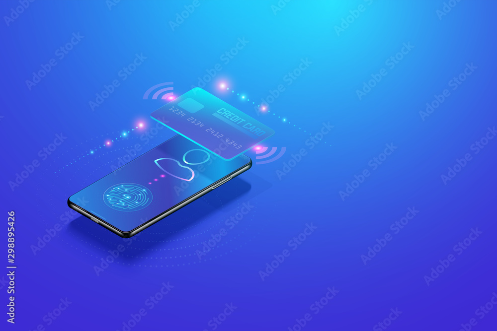 Poster mobile internet banking isometric concept. secure online payment transaction with smartphone and dig
