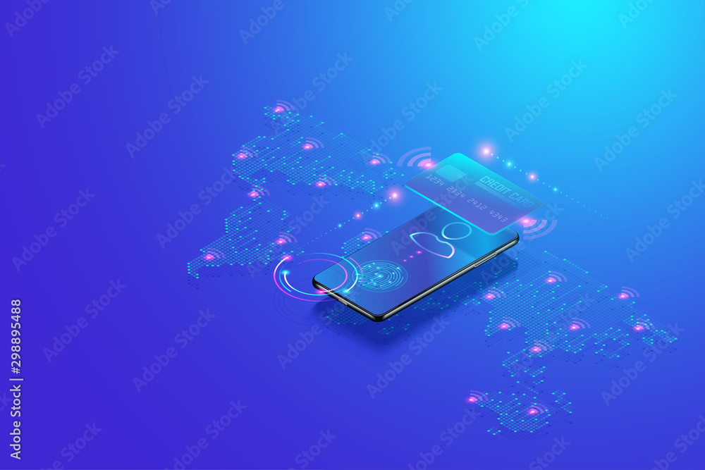 Poster mobile internet banking isometric concept. secure online payment transaction with smartphone and dig