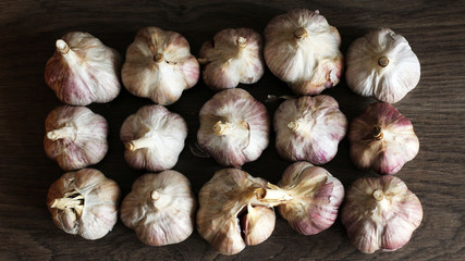 Lots of garlic top view on wooden background