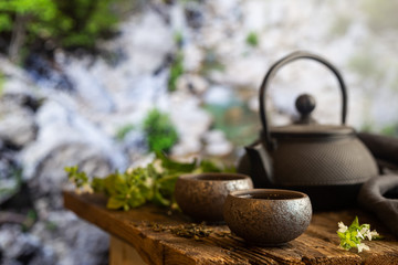 Two cups of green tea and teapot on wooden table and nature background with copy space