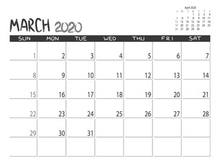 Calendar 2020 year. March 2020 planner. Desctop calendar design. Month planner. Grunge trendy background. Life or business planner. Place for notes. Printable template.