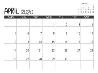 Calendar 2020 year. April 2020 planner. Desctop calendar design. Month planner. Grunge trendy background. Life or business planner. Place for notes. Printable template.