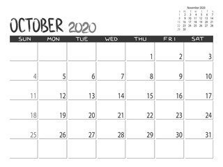 Calendar 2020 year. October 2020 planner.Desctop calendar design. Month planner. Grunge trendy background. Life or business planner. Place for notes. Printable template.