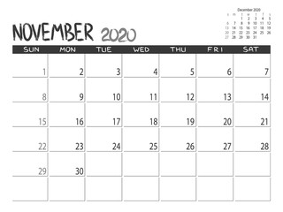 Calendar 2020 year. November 2020 planner.Desctop calendar design. Month planner. Grunge trendy background. Life or business planner. Place for notes. Printable template.