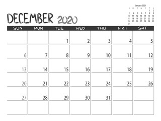 Calendar 2020 year. December 2020 planner.Desctop calendar design. Month planner. Grunge trendy background. Life or business planner. Place for notes. Printable template.