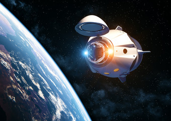 Commercial Spacecraft With Open Docking Hatch Orbiting Earth © 3dsculptor