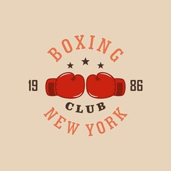 Color illustration of boxing gloves, text. Vector illustration on a sports theme. Boxing club logo