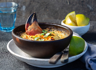  CHILEAN FOOD.  Baked crabmeat crab meat with cheese, cream and bread.  Traditional dish of chilean coast. Pastel o chupe de jaiba.